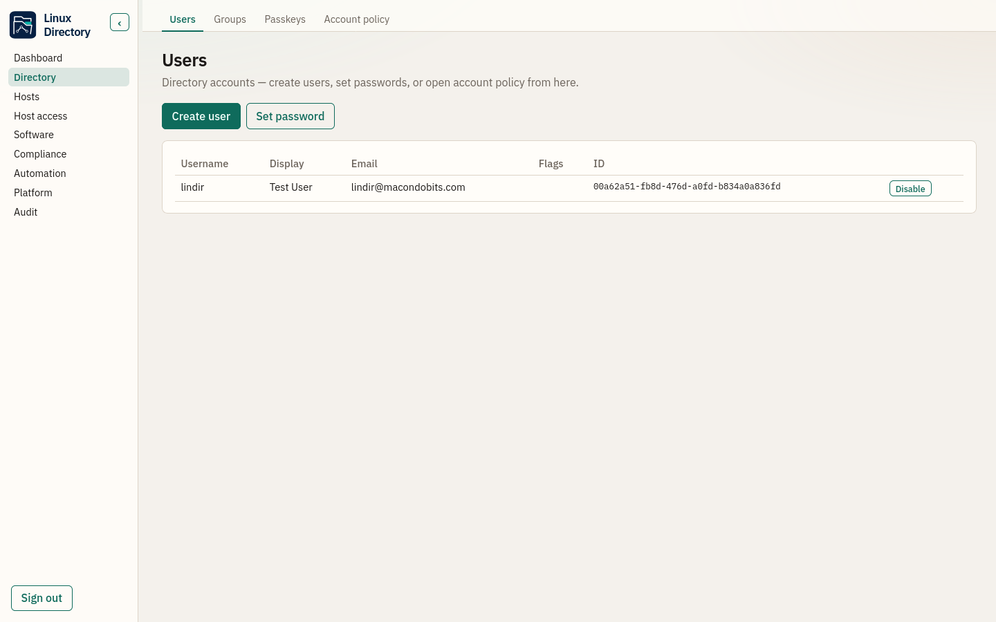 Directory — users, groups, passkeys, and account policy