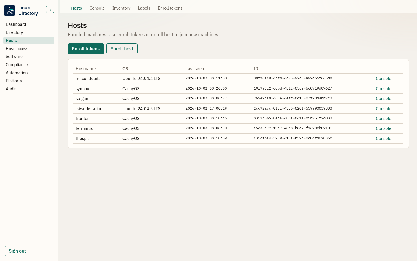 Hosts — inventory, enrollment tokens, and remote console