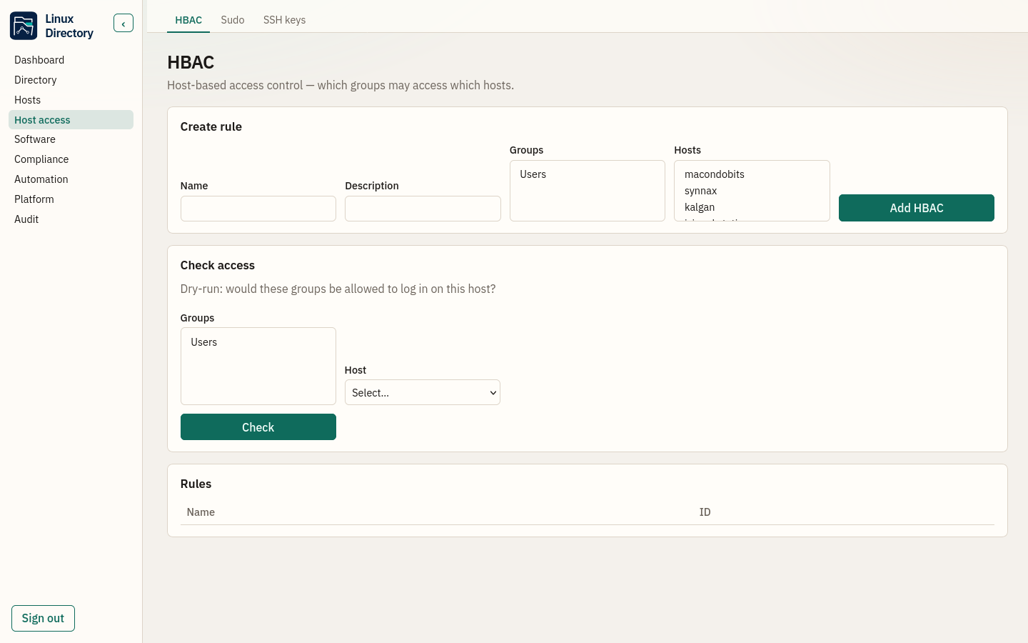 Host access — HBAC, sudo rules, and SSH keys