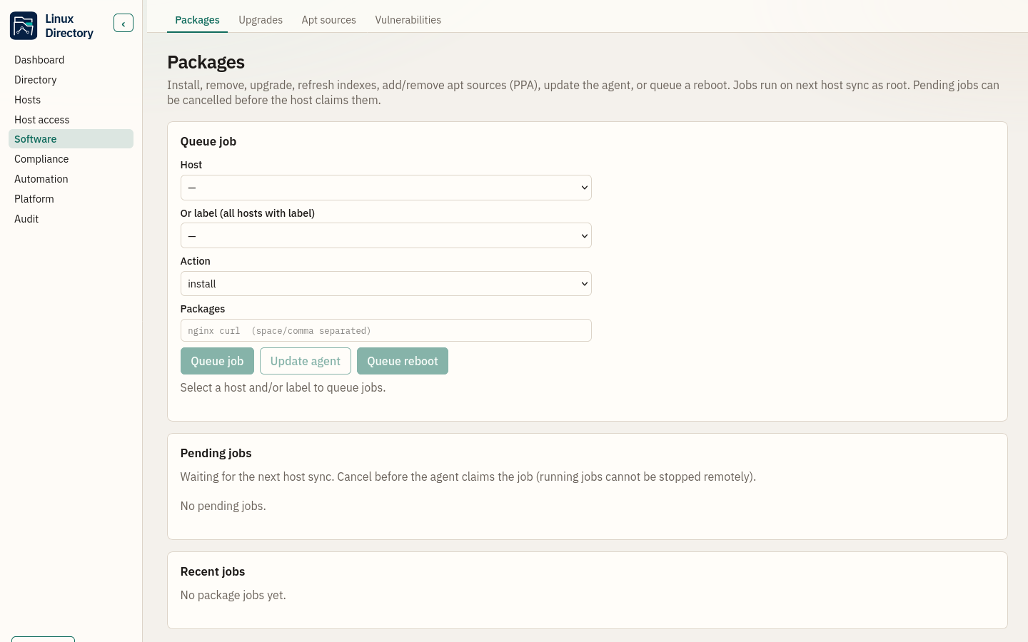 Software — queue package jobs across hosts or labels