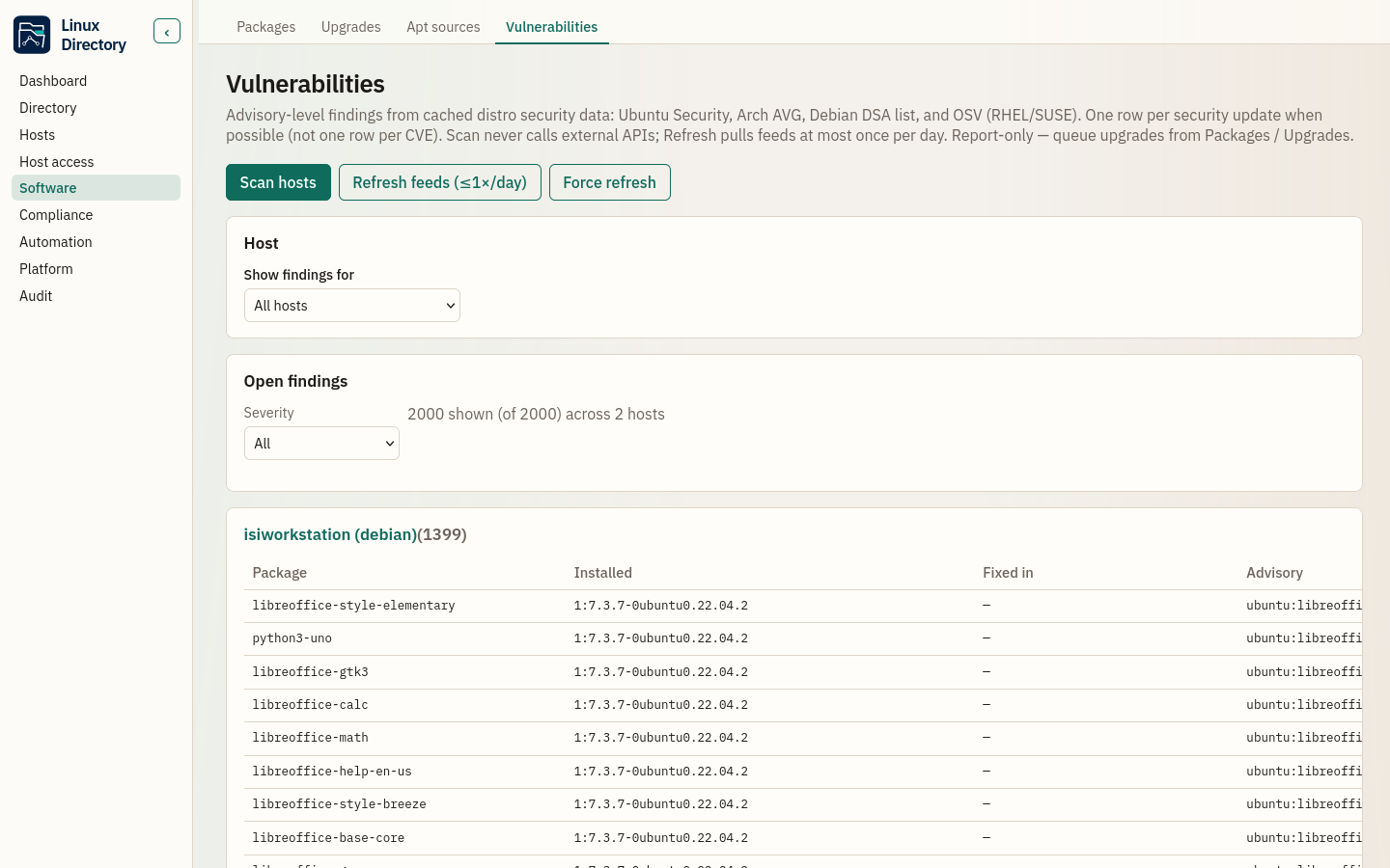 Vulnerabilities — distro-aware advisory findings