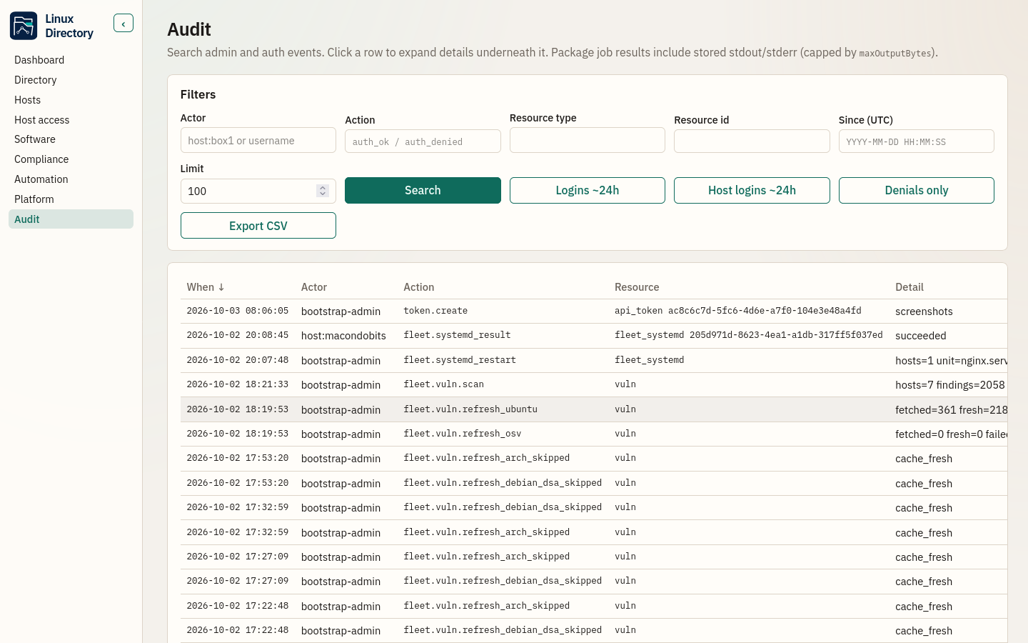 Audit — searchable history of operator and host activity